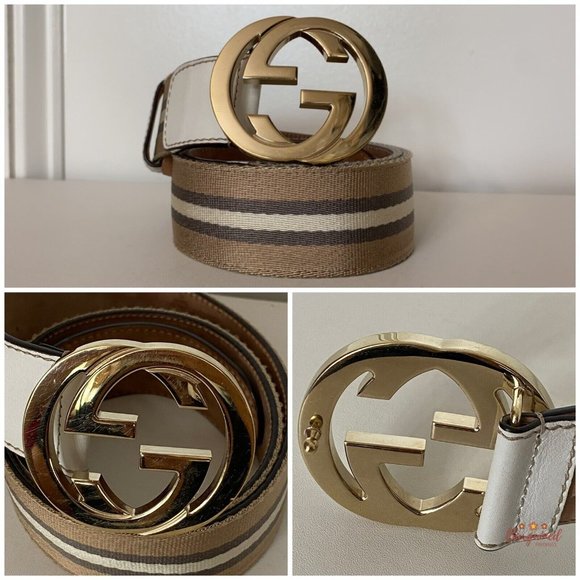 Authentic Gucci Web Canvas Leather Gold Interlocking G Buckle Belt 80/32 114876 - Picture 5 of 13